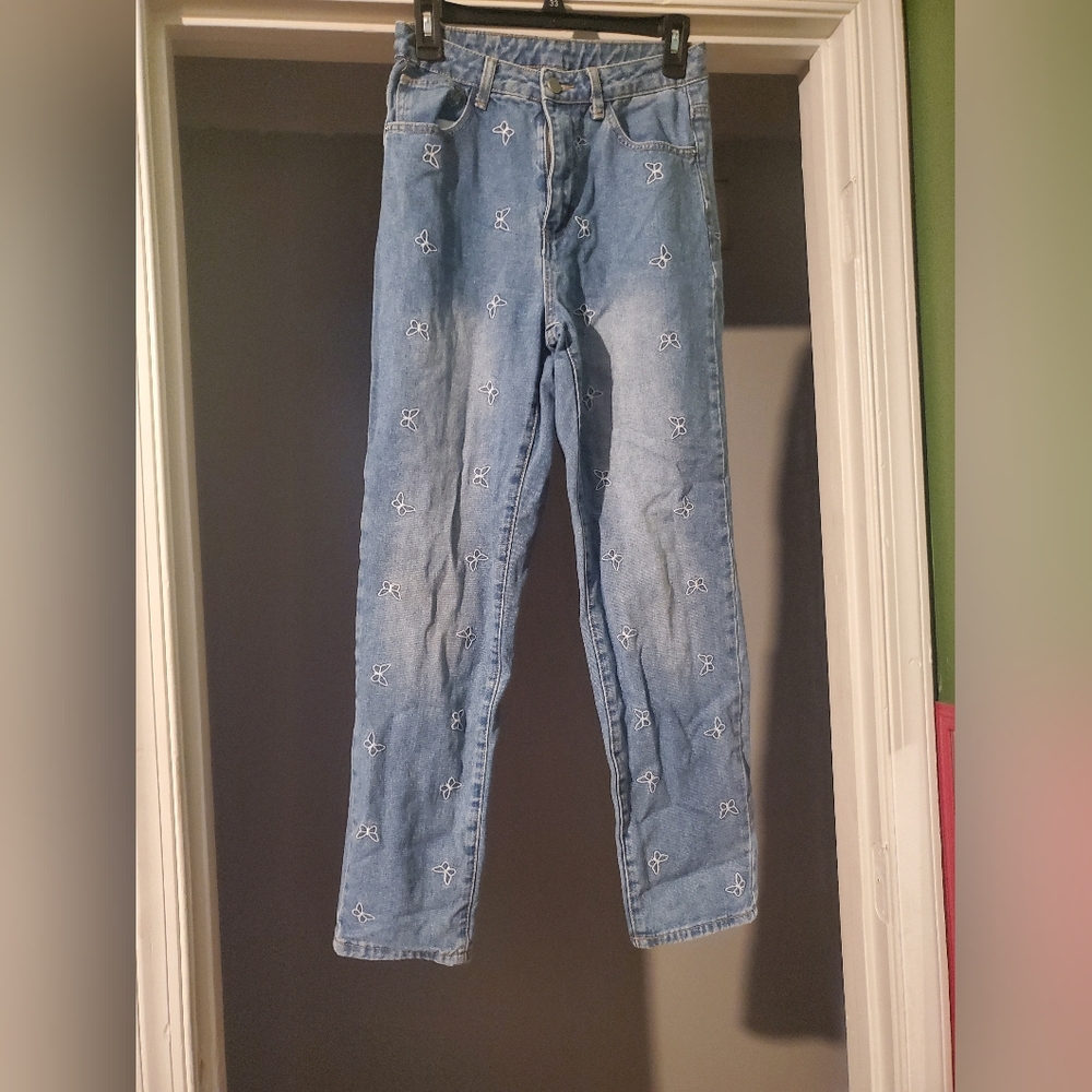Women's Blue Jeans with Butterfly Embroidery